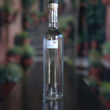 Schlanke, klare Glasflasche mit Schraubverschluss und Etikett, auf einem Tisch.